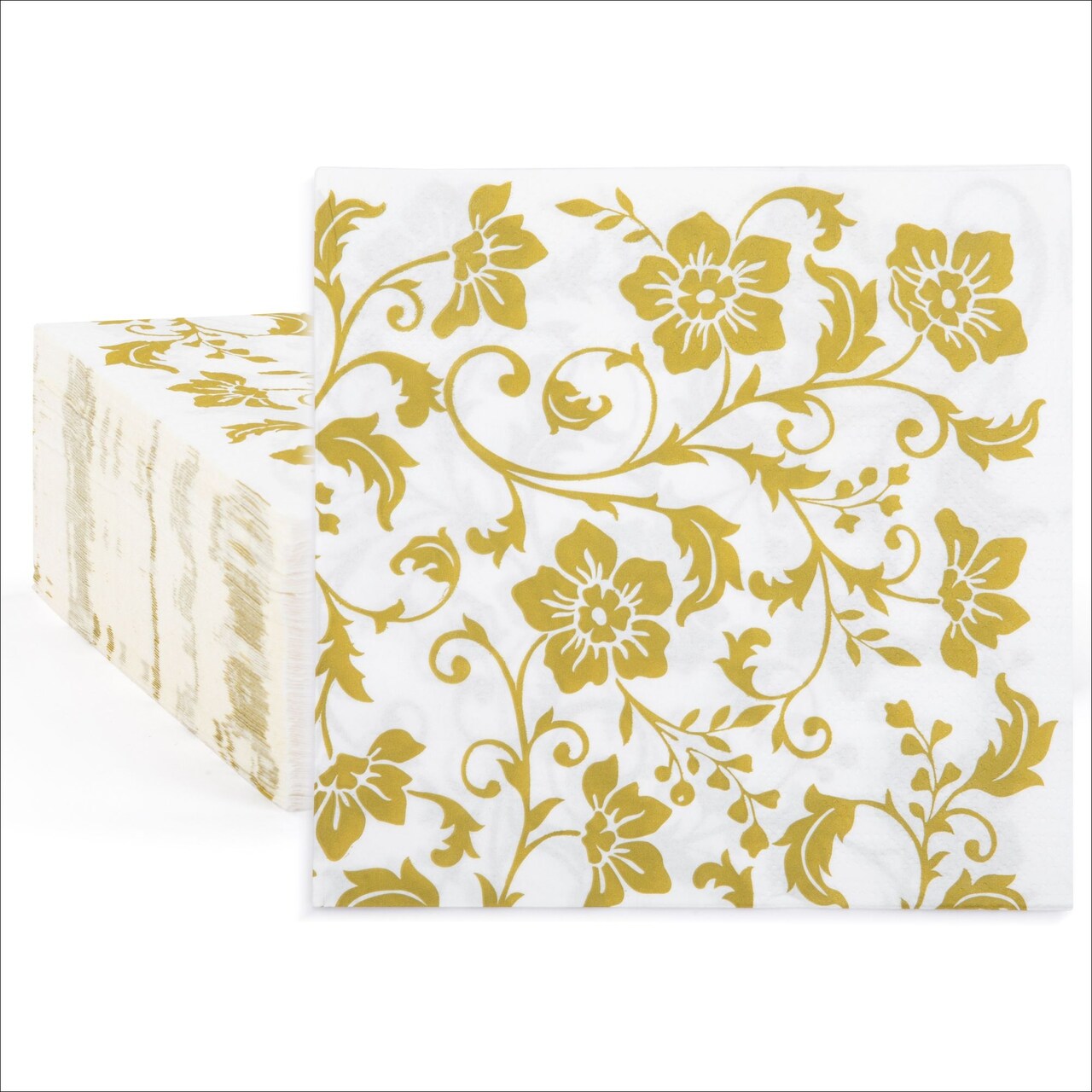 BLUE PANDA 100 Pack White & Gold Disposable Floral Paper Napkins, 6.5x6.5 Inches, Decorative Napkins for Wedding Reception, Birthday, Anniversary